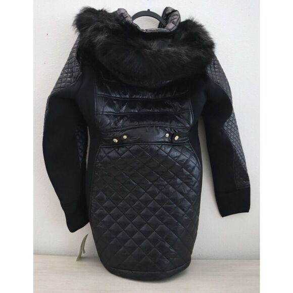 Michael Kors Women Sz M Black Faux-Fur-Trim Mixed Media Hooded Quilted Coat - Picture 2 of 16